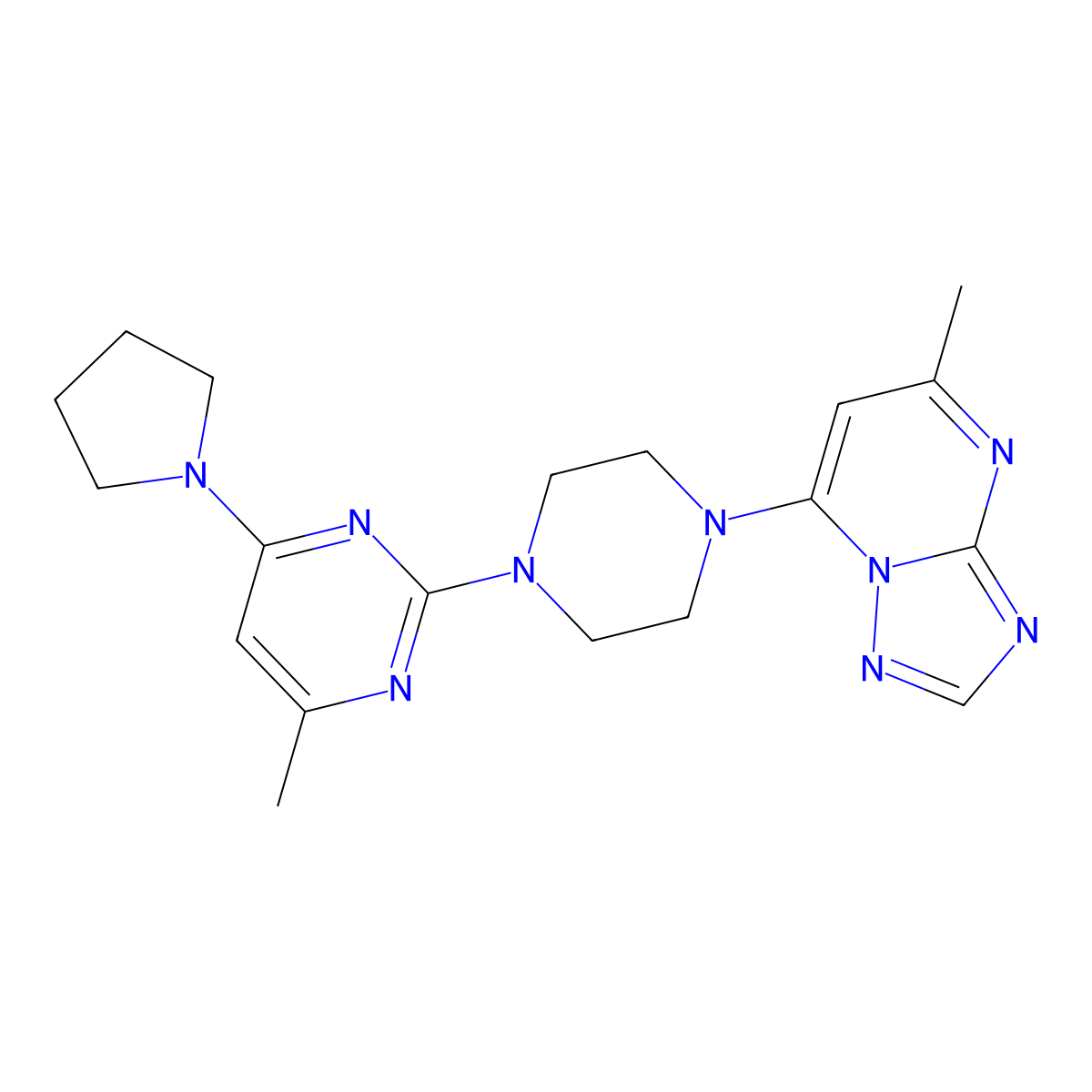 4-Methyl-2-(4-{5-methyl-[1,2,4]triazolo[1,5-a]pyrimidin-7-yl}piperazin-1-yl)-6-(pyrrolidin-1-yl)pyrimidine molecular structure, CAS 2742016-69-7