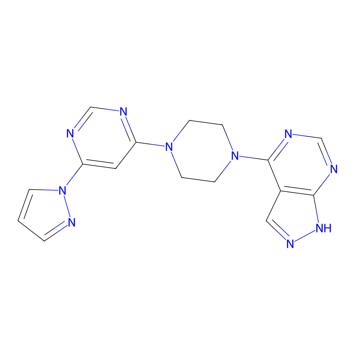4-(1H-pyrazol-1-yl)-6-(4-{1H-pyrazolo[3,4-d]pyrimidin-4-yl}piperazin-1-yl)pyrimidine molecular structure, CAS 2742016-81-3