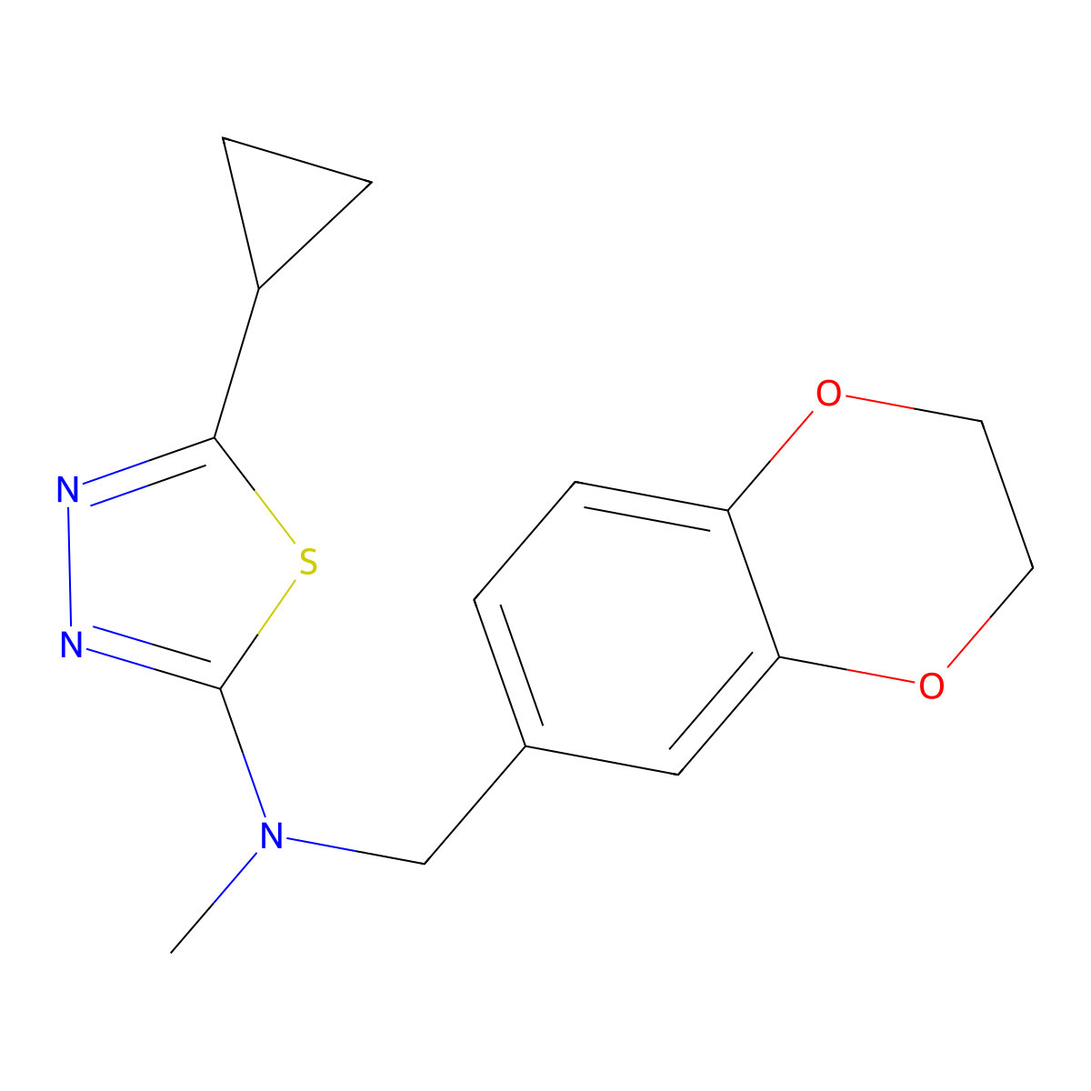 5-cyclopropyl-N-[(2,3-dihydro-1,4-benzodioxin-6-yl)methyl]-N-methyl-1,3,4-thiadiazol-2-amine molecular structure, CAS 2742016-88-0