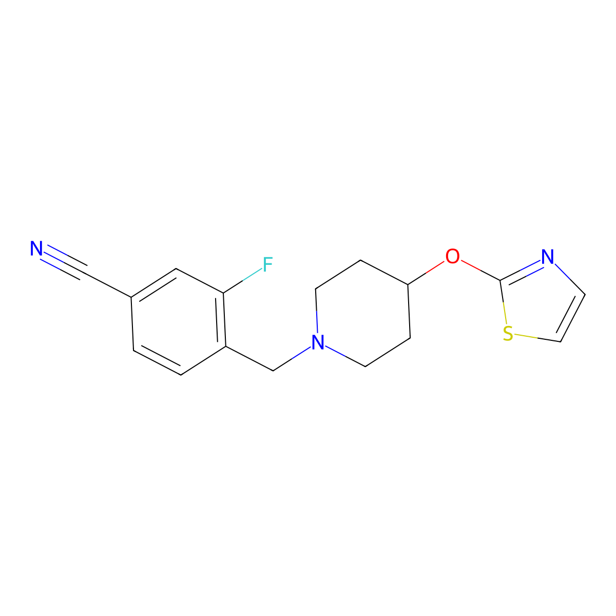 3-Fluoro-4-{[4-(1,3-thiazol-2-yloxy)piperidin-1-yl]methyl}benzonitrile molecular structure, CAS 2742016-96-0