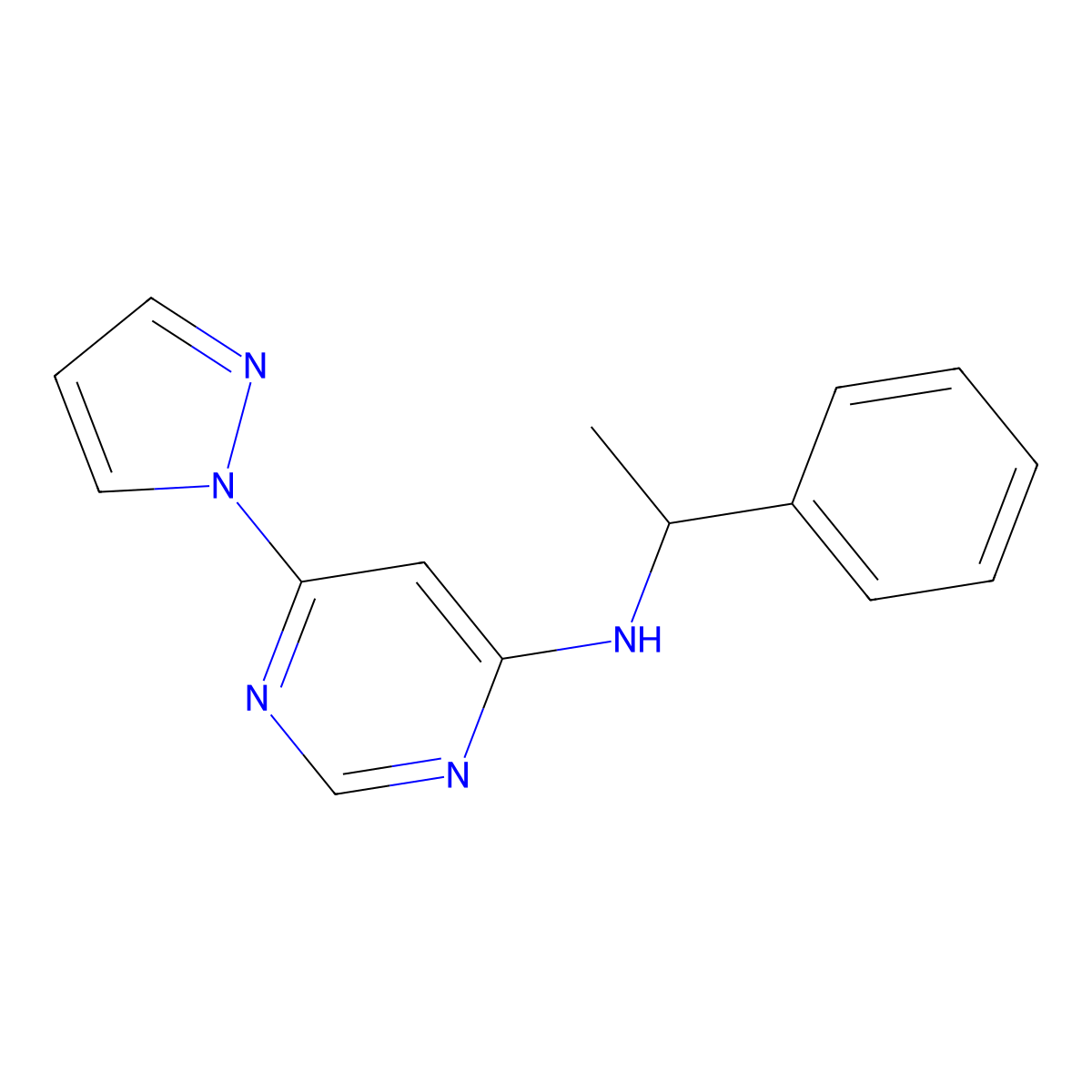 N-(1-phenylethyl)-6-(1H-pyrazol-1-yl)pyrimidin-4-amine molecular structure, CAS 2742017-06-5