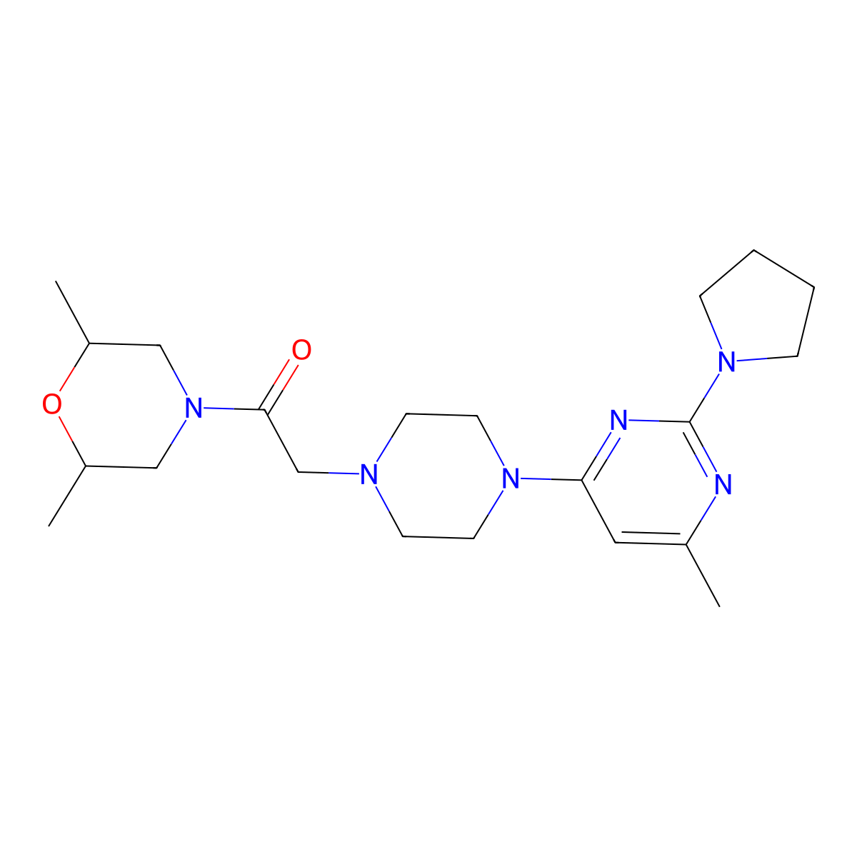1-(2,6-Dimethylmorpholin-4-yl)-2-{4-[6-methyl-2-(pyrrolidin-1-yl)pyrimidin-4-yl]piperazin-1-yl}ethan-1-one molecular structure, CAS 2742017-20-3