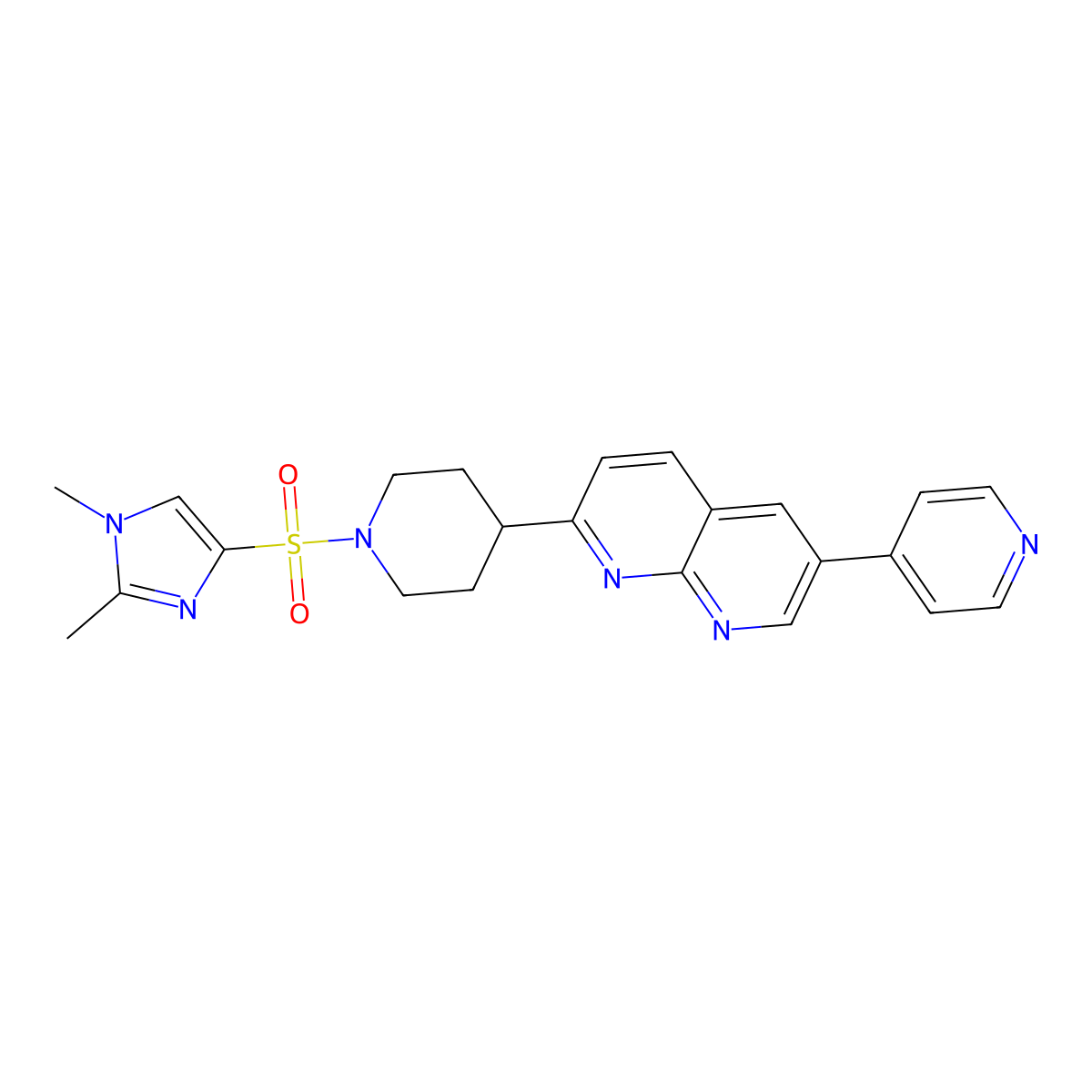 2-{1-[(1,2-dimethyl-1H-imidazol-4-yl)sulfonyl]piperidin-4-yl}-6-(pyridin-4-yl)-1,8-naphthyridine molecular structure, CAS 2742017-22-5