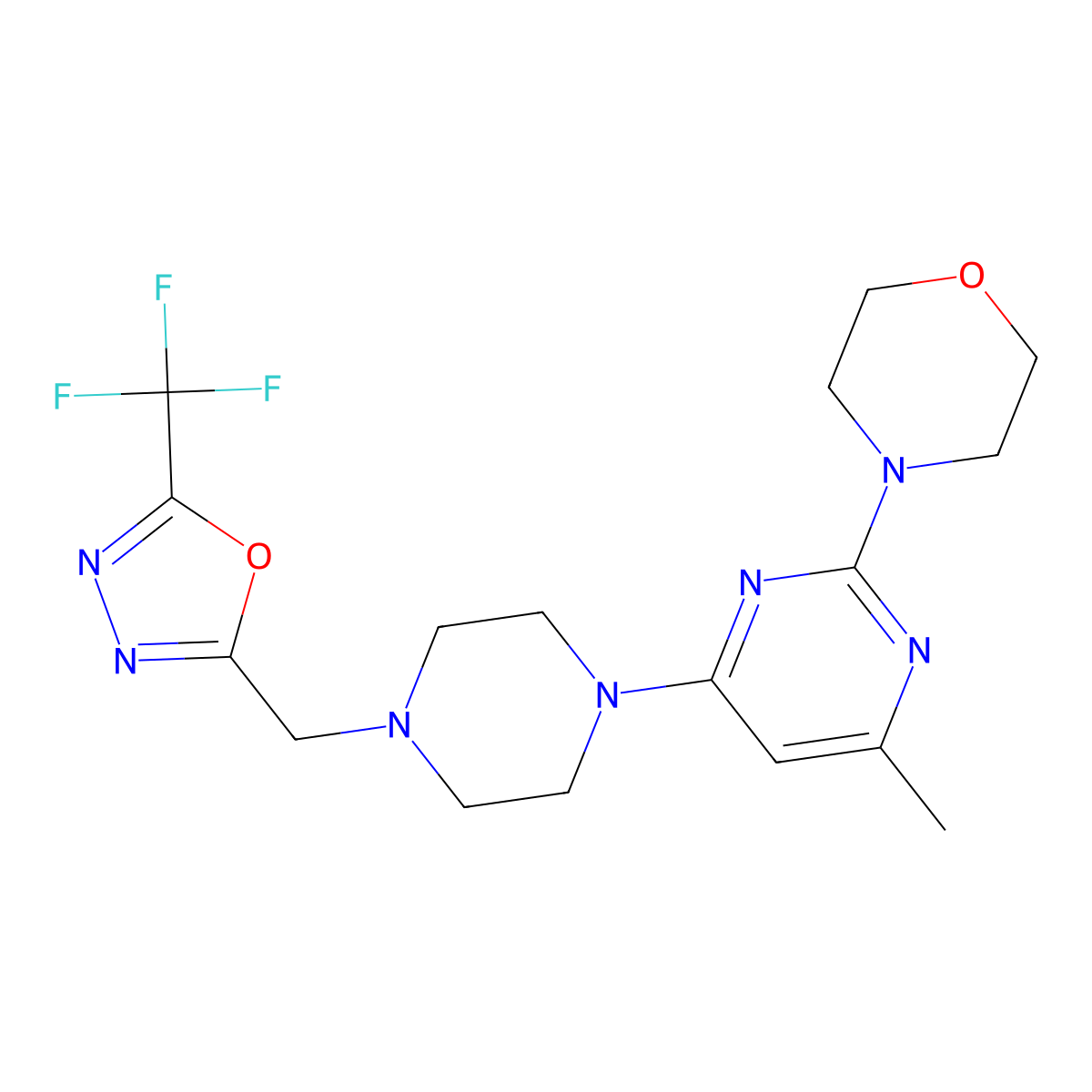 4-[4-Methyl-6-(4-{[5-(trifluoromethyl)-1,3,4-oxadiazol-2-yl]methyl}piperazin-1-yl)pyrimidin-2-yl]morpholine molecular structure, CAS 2742017-29-2