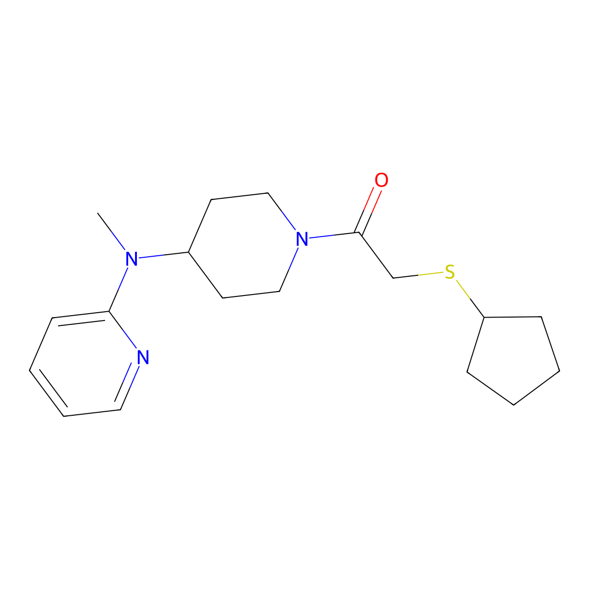 2-(Cyclopentylsulfanyl)-1-{4-[methyl(pyridin-2-yl)amino]piperidin-1-yl}ethan-1-one molecular structure, CAS 2742017-43-0