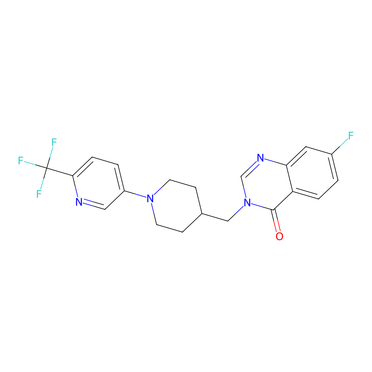 7-Fluoro-3-({1-[6-(trifluoromethyl)pyridin-3-yl]piperidin-4-yl}methyl)-3,4-dihydroquinazolin-4-one molecular structure, CAS 2742017-47-4