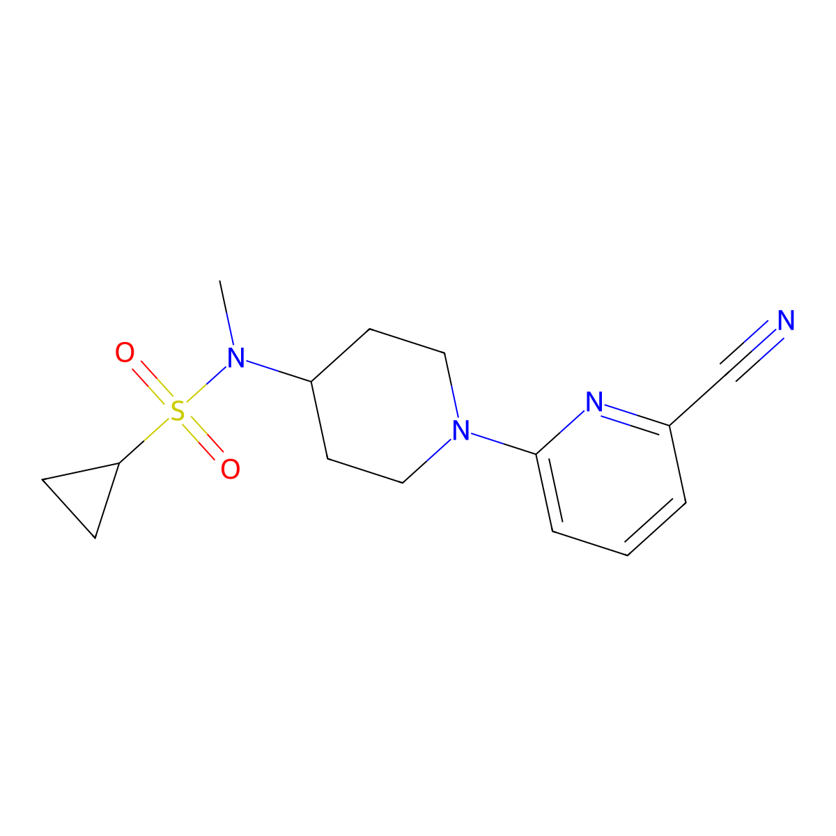 N-[1-(6-cyanopyridin-2-yl)piperidin-4-yl]-N-methylcyclopropanesulfonamide molecular structure, CAS 2742017-48-5