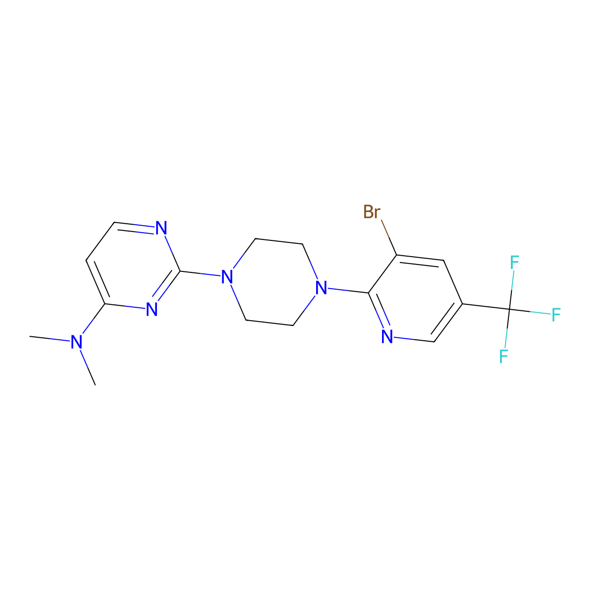 2-{4-[3-bromo-5-(trifluoromethyl)pyridin-2-yl]piperazin-1-yl}-N,N-dimethylpyrimidin-4-amine molecular structure, CAS 2742017-72-5