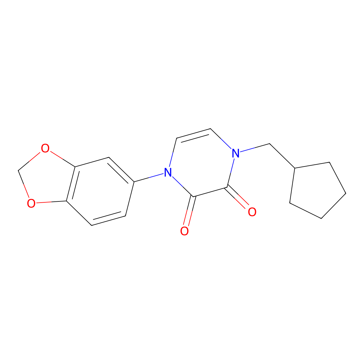 1-(2H-1,3-benzodioxol-5-yl)-4-(cyclopentylmethyl)-1,2,3,4-tetrahydropyrazine-2,3-dione molecular structure, CAS 2742017-85-0