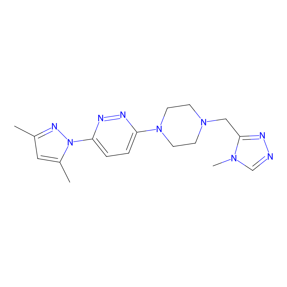3-(3,5-dimethyl-1H-pyrazol-1-yl)-6-{4-[(4-methyl-4H-1,2,4-triazol-3-yl)methyl]piperazin-1-yl}pyridazine molecular structure, CAS 2742017-96-3