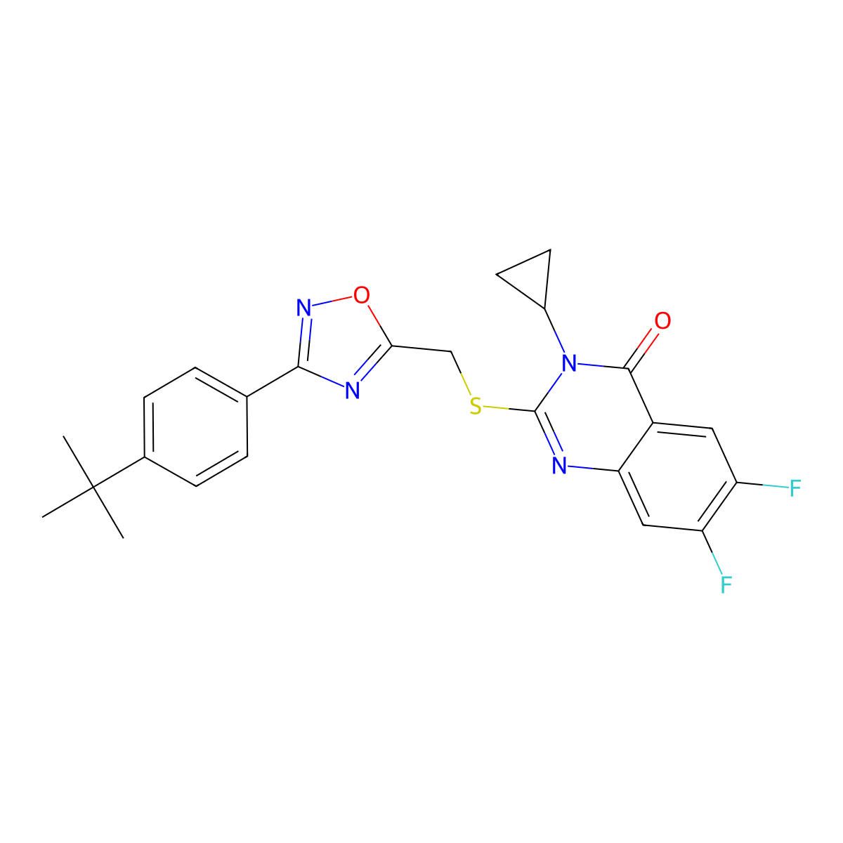 2-({[3-(4-Tert-butylphenyl)-1,2,4-oxadiazol-5-yl]methyl}sulfanyl)-3-cyclopropyl-6,7-difluoro-3,4-dihydroquinazolin-4-one molecular structure, CAS 2742018-01-3