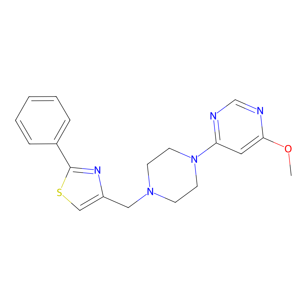 4-Methoxy-6-{4-[(2-phenyl-1,3-thiazol-4-yl)methyl]piperazin-1-yl}pyrimidine molecular structure, CAS 2742018-04-6