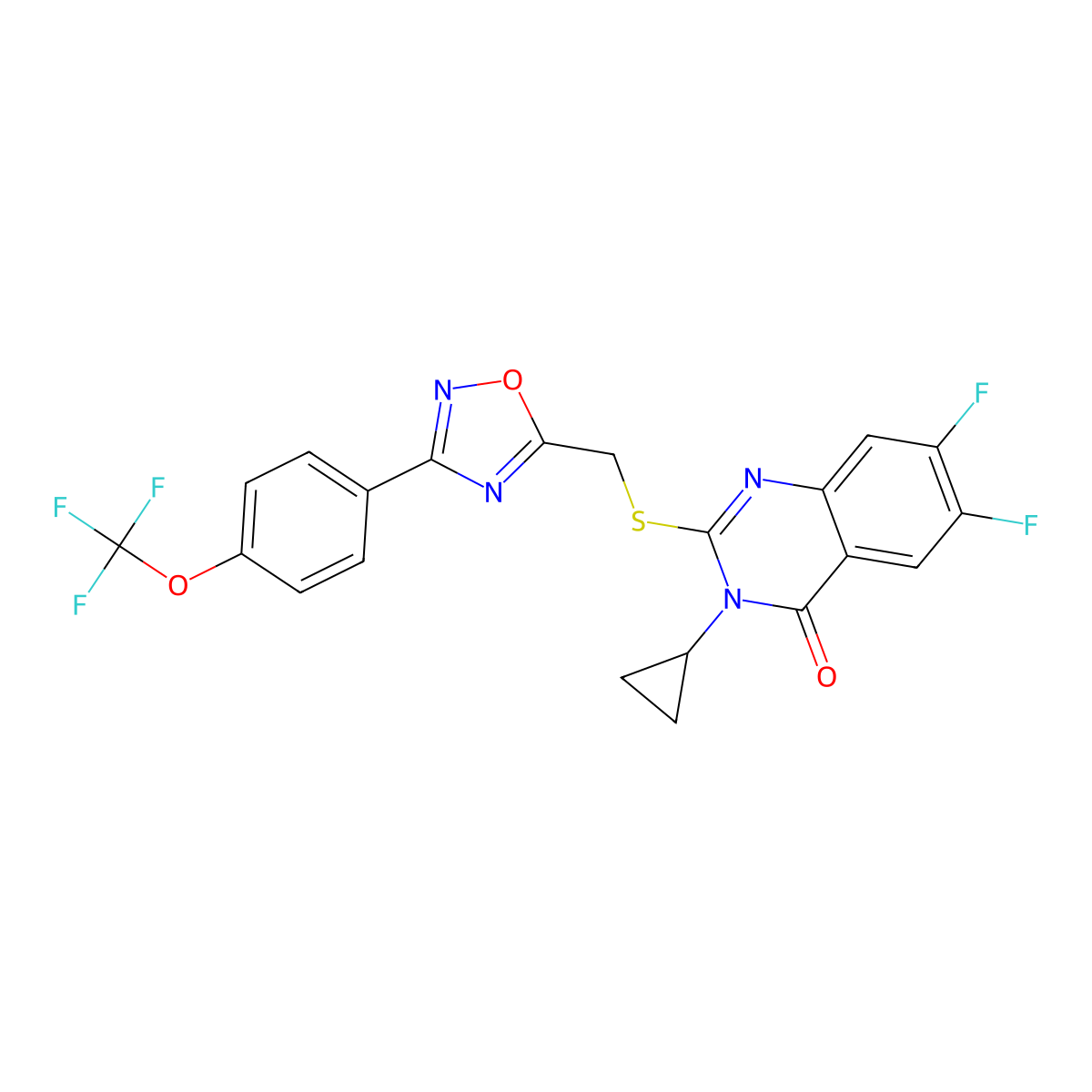 3-Cyclopropyl-6,7-difluoro-2-[({3-[4-(trifluoromethoxy)phenyl]-1,2,4-oxadiazol-5-yl}methyl)sulfanyl]-3,4-dihydroquinazolin-4-one molecular structure, CAS 2742018-05-7