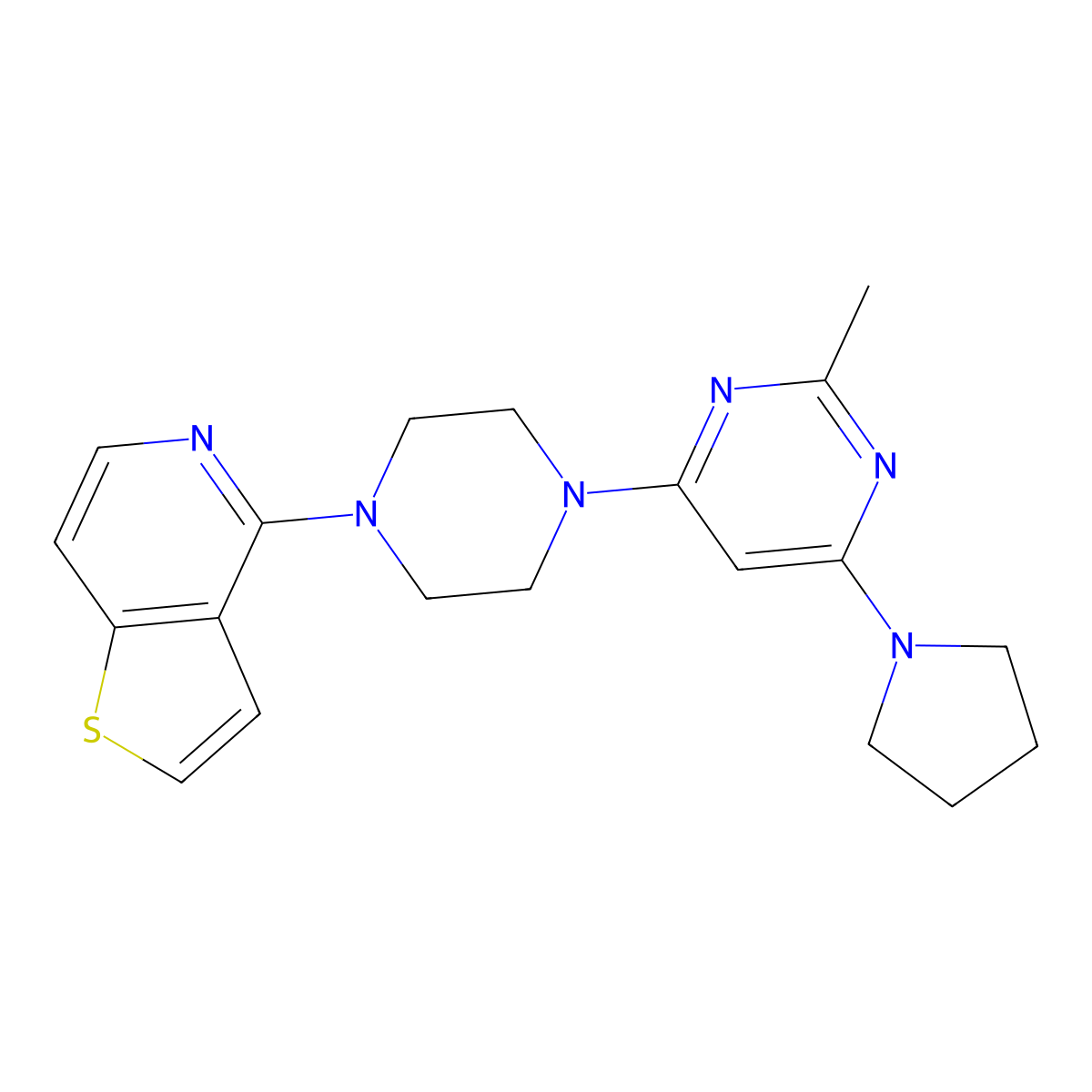 2-Methyl-4-(pyrrolidin-1-yl)-6-(4-{thieno[3,2-c]pyridin-4-yl}piperazin-1-yl)pyrimidine molecular structure, CAS 2742018-06-8