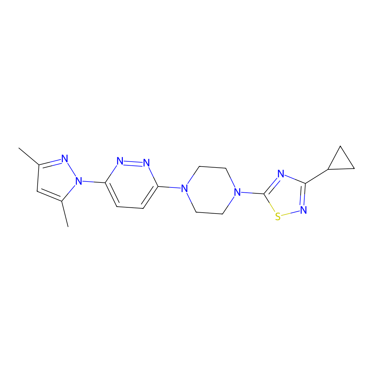 3-[4-(3-cyclopropyl-1,2,4-thiadiazol-5-yl)piperazin-1-yl]-6-(3,5-dimethyl-1H-pyrazol-1-yl)pyridazine molecular structure, CAS 2742018-08-0