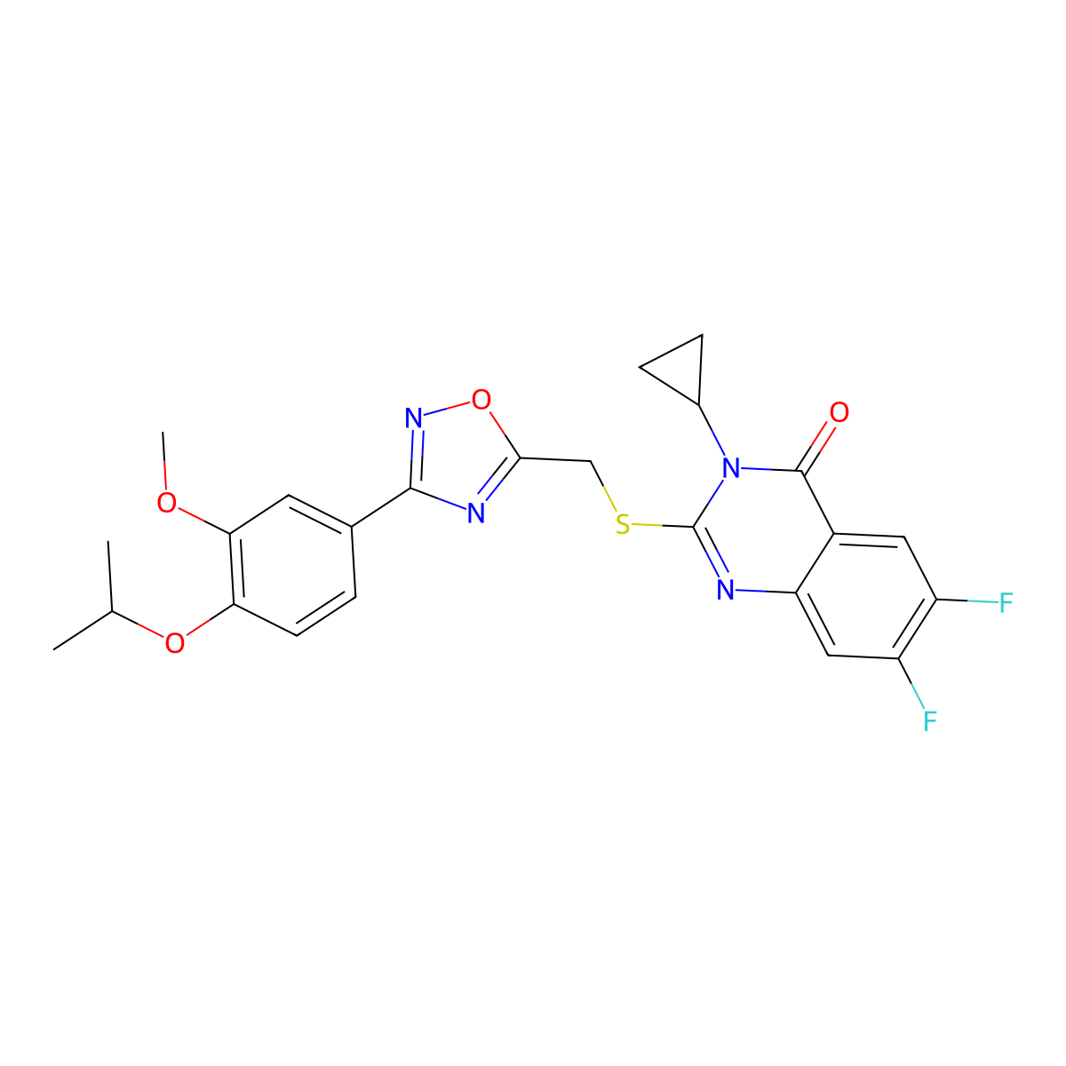 3-Cyclopropyl-6,7-difluoro-2-[({3-[3-methoxy-4-(propan-2-yloxy)phenyl]-1,2,4-oxadiazol-5-yl}methyl)sulfanyl]-3,4-dihydroquinazolin-4-one molecular structure, CAS 2742018-09-1