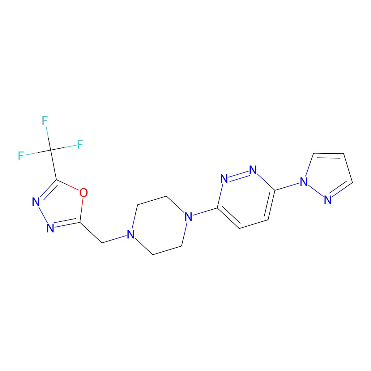 3-(1H-pyrazol-1-yl)-6-(4-{[5-(trifluoromethyl)-1,3,4-oxadiazol-2-yl]methyl}piperazin-1-yl)pyridazine molecular structure, CAS 2742018-15-9