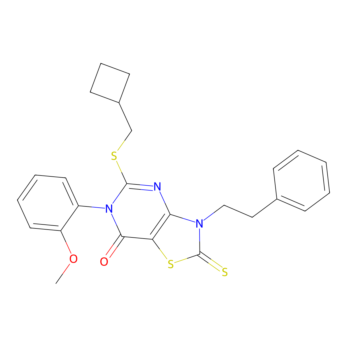 5-[(cyclobutylmethyl)sulfanyl]-6-(2-methoxyphenyl)-3-(2-phenylethyl)-2-sulfanylidene-2H,3H,6H,7H-[1,3]thiazolo[4,5-d]pyrimidin-7-one molecular structure, CAS 2742018-24-0