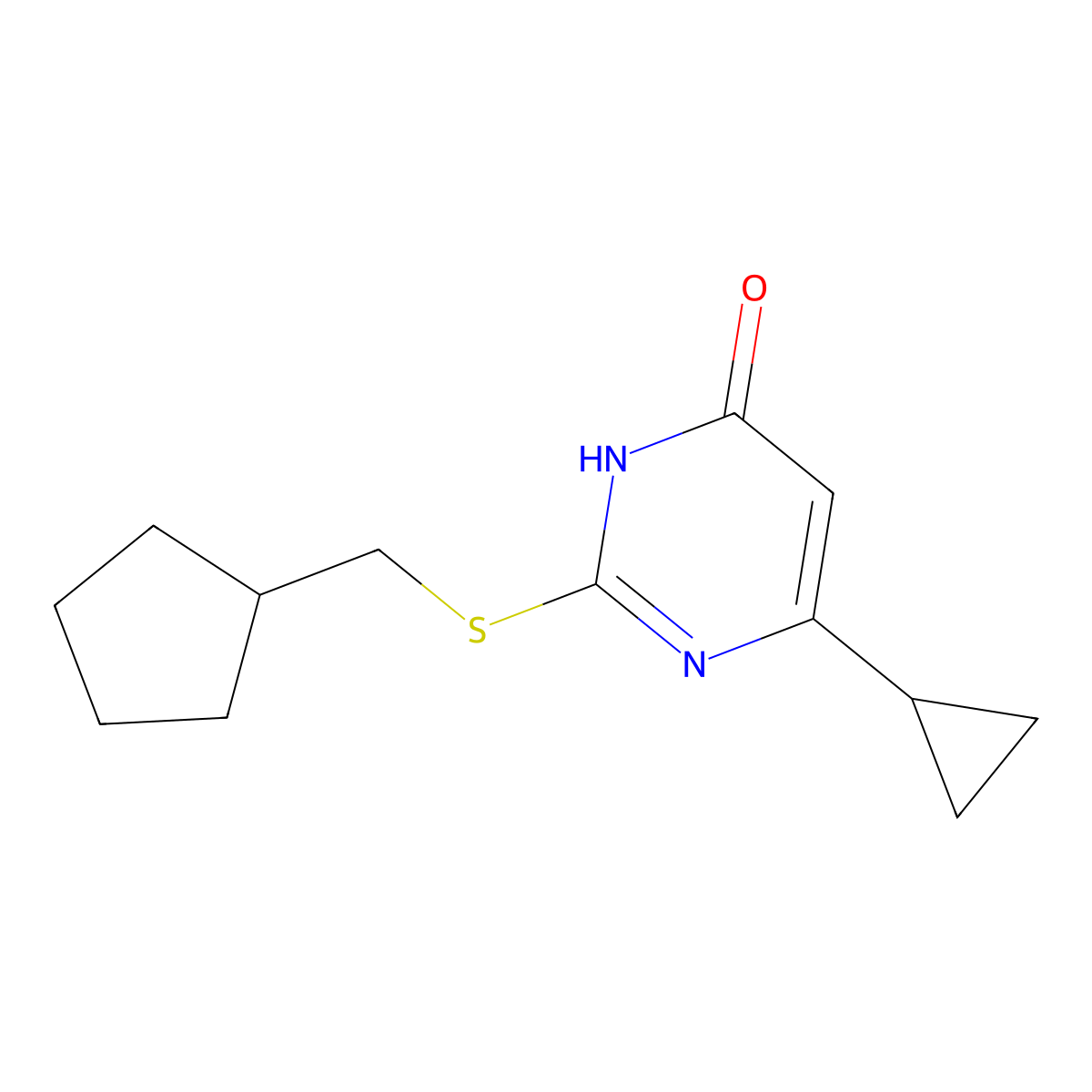 2-[(Cyclopentylmethyl)sulfanyl]-6-cyclopropyl-3,4-dihydropyrimidin-4-one molecular structure, CAS 2742018-26-2