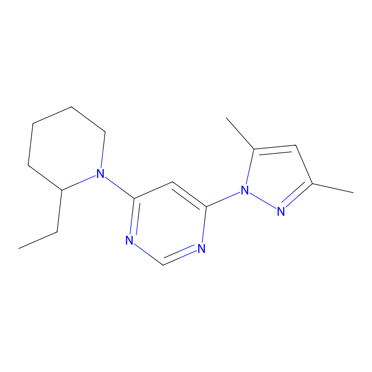4-(3,5-dimethyl-1H-pyrazol-1-yl)-6-(2-ethylpiperidin-1-yl)pyrimidine molecular structure, CAS 2742018-27-3