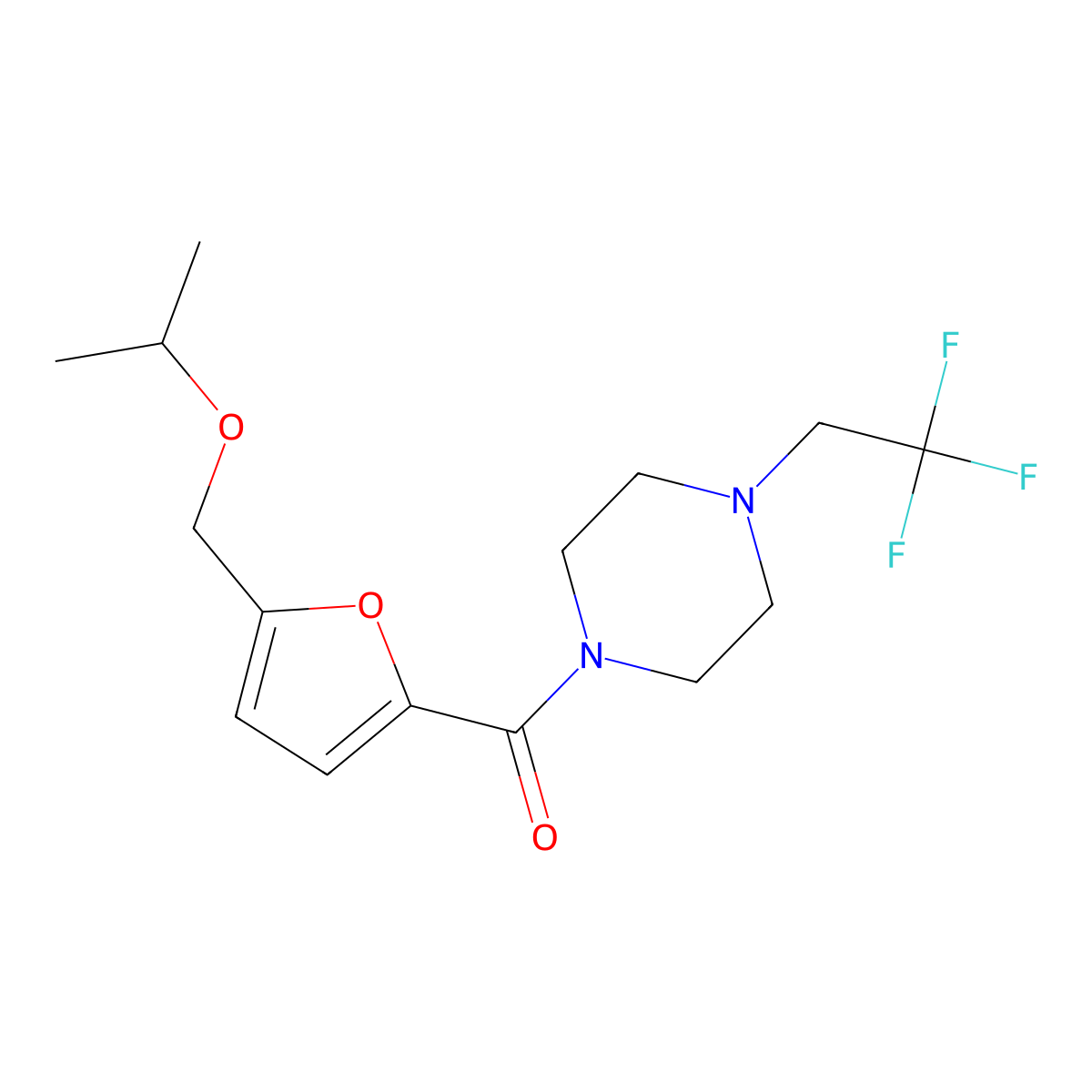 1-{5-[(Propan-2-yloxy)methyl]furan-2-carbonyl}-4-(2,2,2-trifluoroethyl)piperazine molecular structure, CAS 2742018-32-0