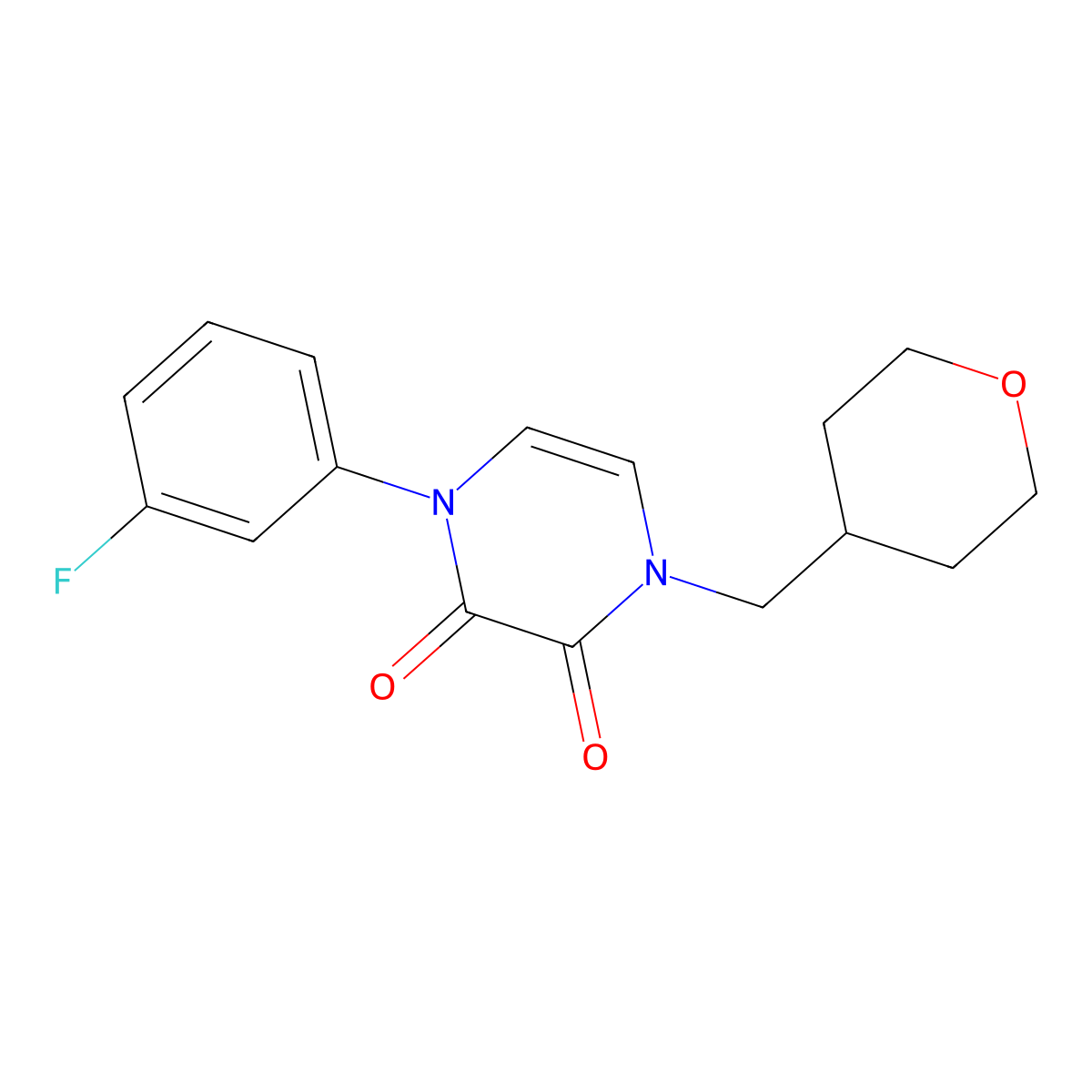 1-(3-Fluorophenyl)-4-[(oxan-4-yl)methyl]-1,2,3,4-tetrahydropyrazine-2,3-dione molecular structure, CAS 2742018-41-1