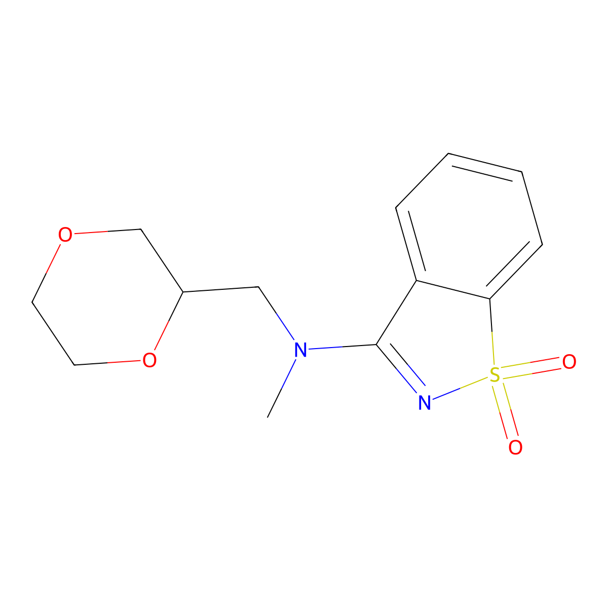 N-(1,4-dioxan-2-ylmethyl)-N-methyl-1,1-dioxo-1,2-benzothiazol-3-amine molecular structure, CAS 2742018-44-4