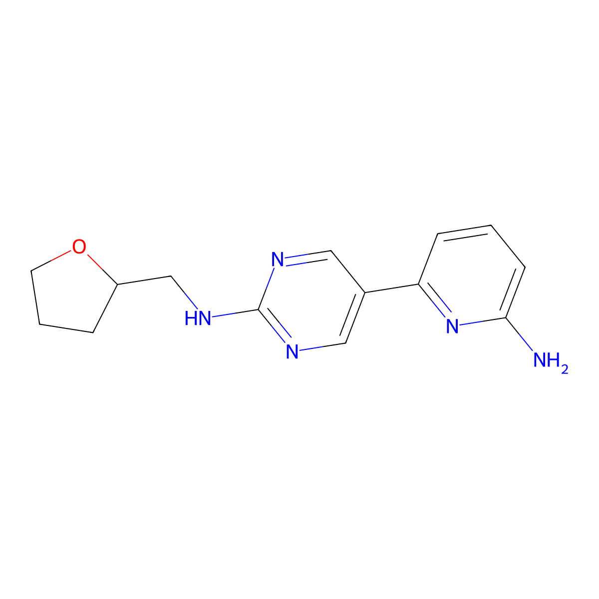 5-(6-aminopyridin-2-yl)-N-[(oxolan-2-yl)methyl]pyrimidin-2-amine molecular structure, CAS 2742018-52-4