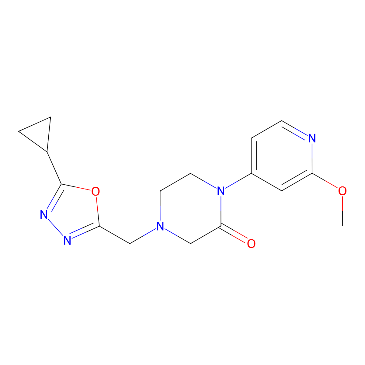 4-[(5-Cyclopropyl-1,3,4-oxadiazol-2-yl)methyl]-1-(2-methoxypyridin-4-yl)piperazin-2-one molecular structure, CAS 2742018-65-9