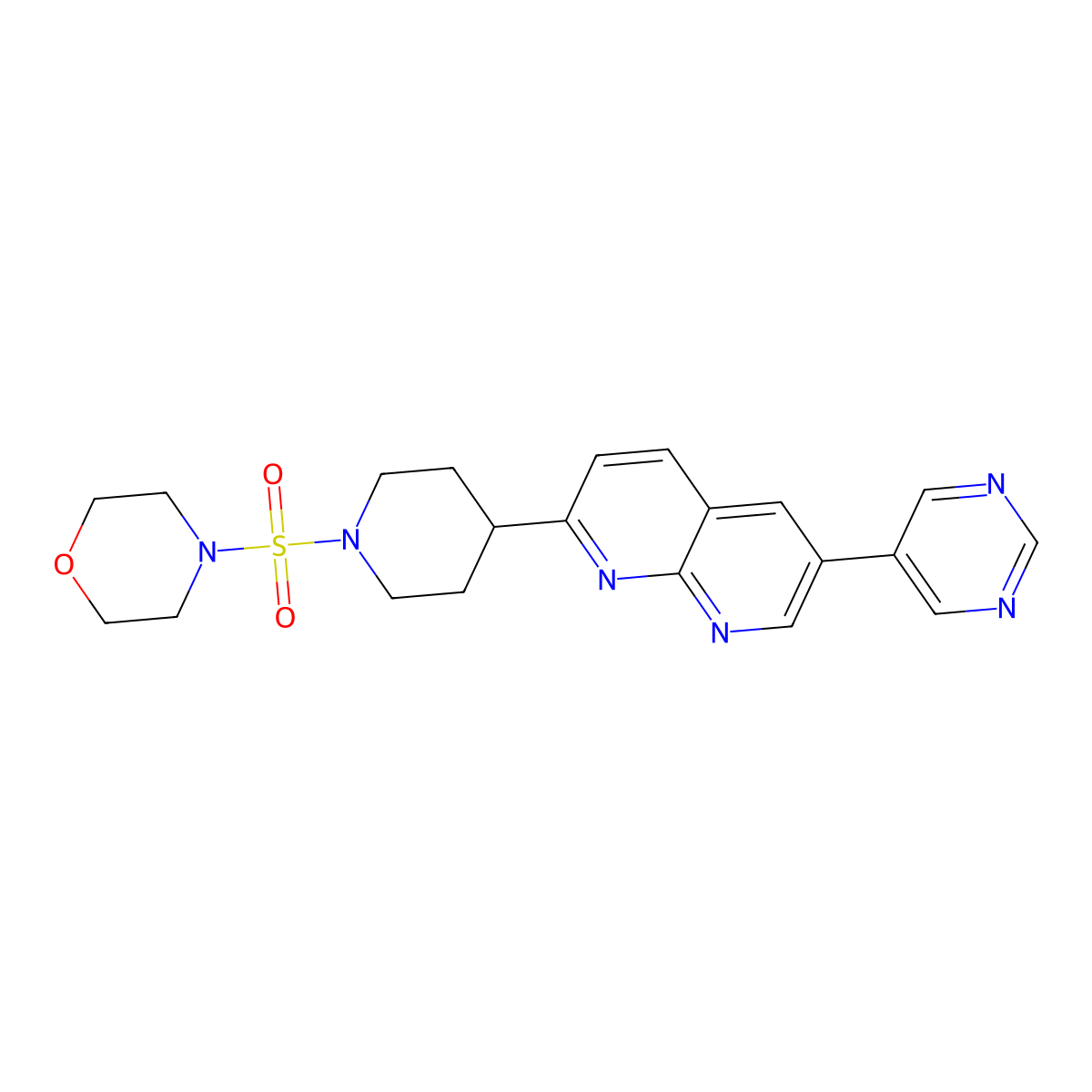 2-[1-(Morpholine-4-sulfonyl)piperidin-4-yl]-6-(pyrimidin-5-yl)-1,8-naphthyridine molecular structure, CAS 2742018-67-1