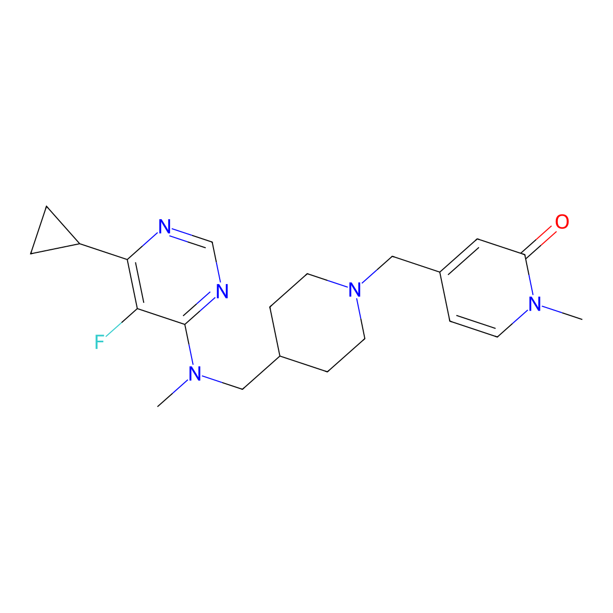 4-[(4-{[(6-Cyclopropyl-5-fluoropyrimidin-4-yl)(methyl)amino]methyl}piperidin-1-yl)methyl]-1-methyl-1,2-dihydropyridin-2-one molecular structure, CAS 2742018-79-5