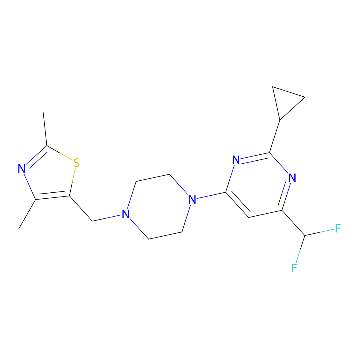 2-Cyclopropyl-4-(difluoromethyl)-6-{4-[(2,4-dimethyl-1,3-thiazol-5-yl)methyl]piperazin-1-yl}pyrimidine molecular structure, CAS 2742018-84-2