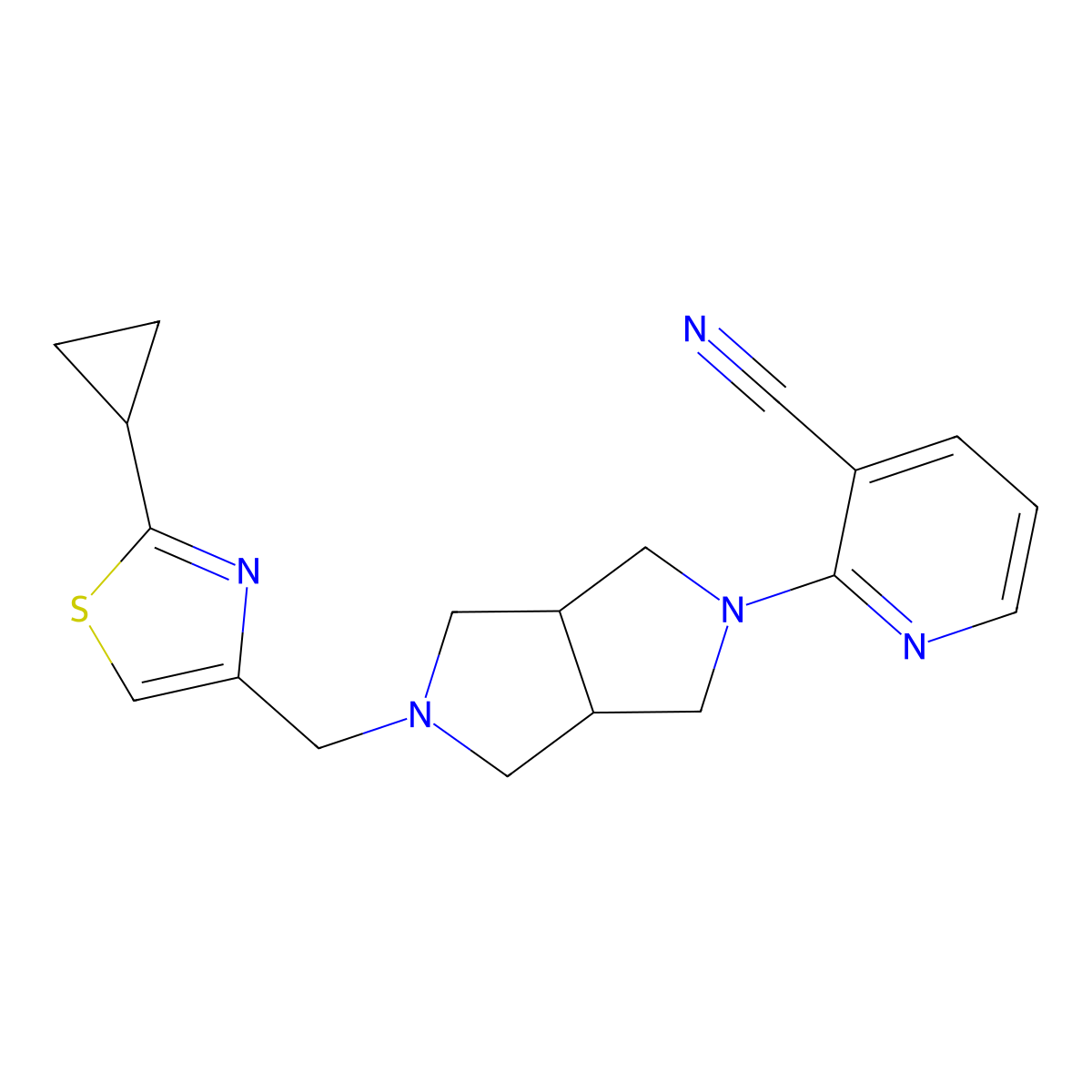 2-{5-[(2-Cyclopropyl-1,3-thiazol-4-yl)methyl]-octahydropyrrolo[3,4-c]pyrrol-2-yl}pyridine-3-carbonitrile molecular structure, CAS 2742018-90-0