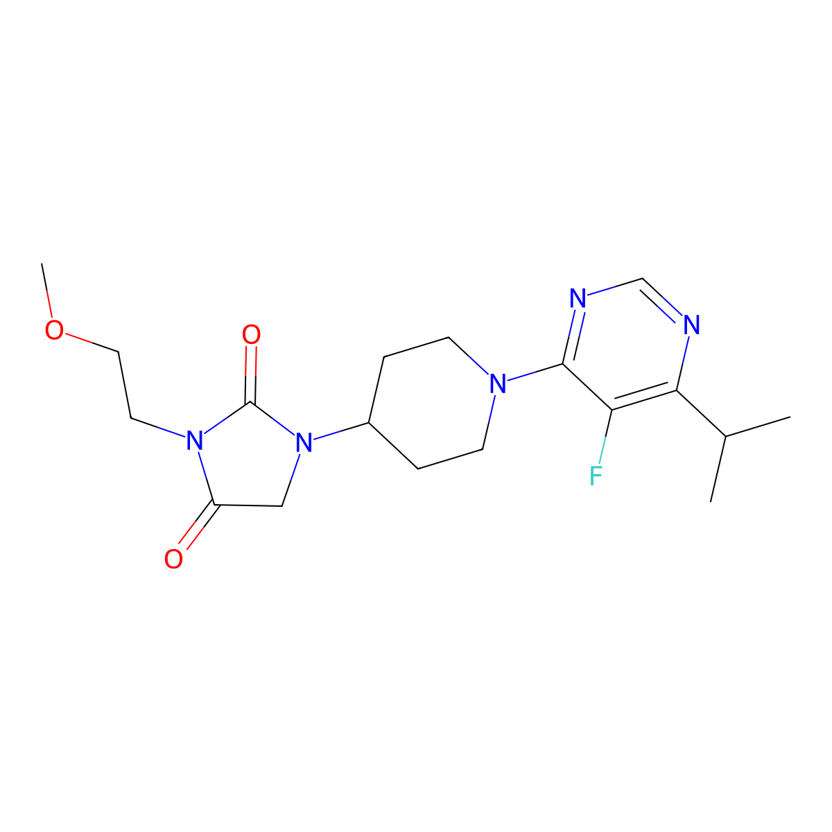 1-{1-[5-Fluoro-6-(propan-2-yl)pyrimidin-4-yl]piperidin-4-yl}-3-(2-methoxyethyl)imidazolidine-2,4-dione molecular structure, CAS 2742018-93-3