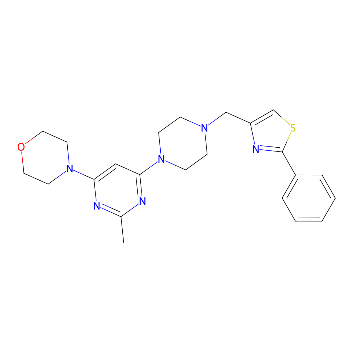 4-(2-Methyl-6-{4-[(2-phenyl-1,3-thiazol-4-yl)methyl]piperazin-1-yl}pyrimidin-4-yl)morpholine molecular structure, CAS 2742018-96-6