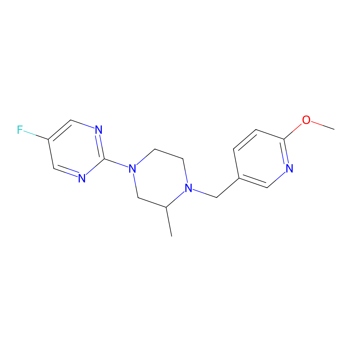 5-Fluoro-2-{4-[(6-methoxypyridin-3-yl)methyl]-3-methylpiperazin-1-yl}pyrimidine molecular structure, CAS 2742018-98-8