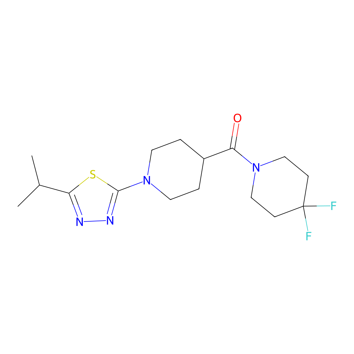 4-(4,4-Difluoropiperidine-1-carbonyl)-1-[5-(propan-2-yl)-1,3,4-thiadiazol-2-yl]piperidine molecular structure, CAS 2742019-07-2