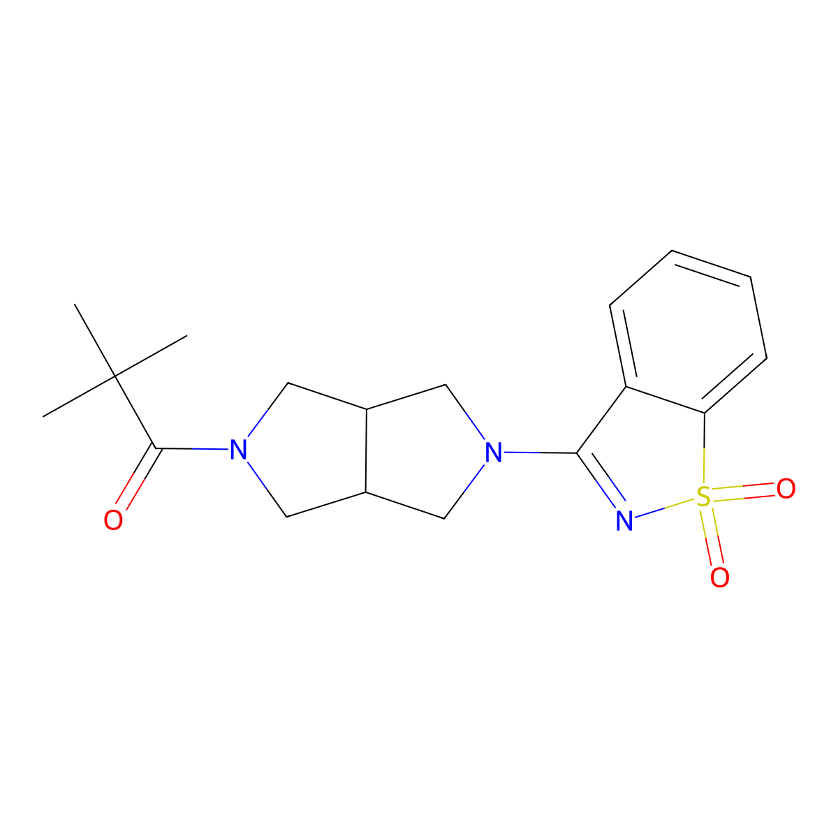 1-[2-(1,1-Dioxo-1,2-benzothiazol-3-yl)-1,3,3a,4,6,6a-hexahydropyrrolo[3,4-c]pyrrol-5-yl]-2,2-dimethylpropan-1-one molecular structure, CAS 2742019-14-1