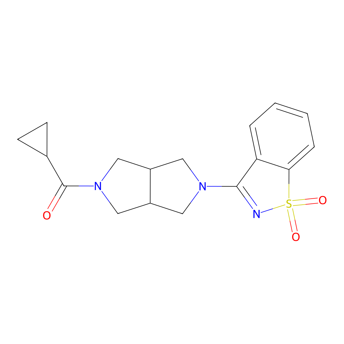 Cyclopropyl-[2-(1,1-dioxo-1,2-benzothiazol-3-yl)-1,3,3a,4,6,6a-hexahydropyrrolo[3,4-c]pyrrol-5-yl]methanone molecular structure, CAS 2742019-18-5