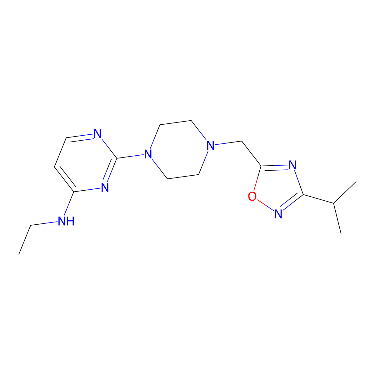 N-ethyl-2-(4-{[3-(propan-2-yl)-1,2,4-oxadiazol-5-yl]methyl}piperazin-1-yl)pyrimidin-4-amine molecular structure, CAS 2742019-24-3