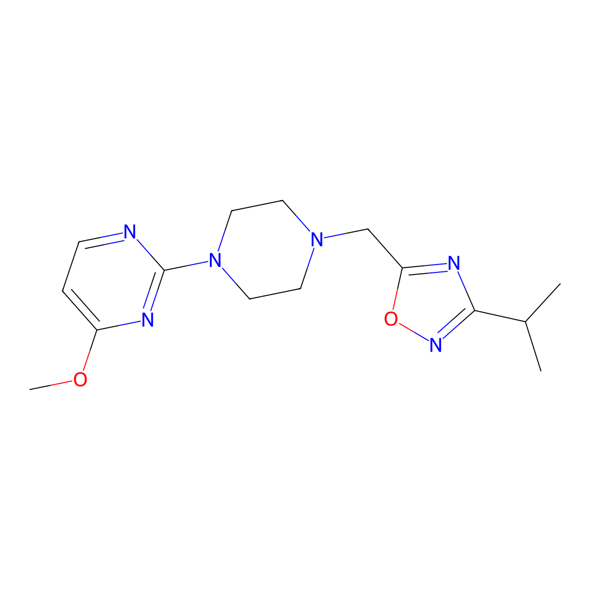 4-Methoxy-2-(4-{[3-(propan-2-yl)-1,2,4-oxadiazol-5-yl]methyl}piperazin-1-yl)pyrimidine molecular structure, CAS 2742019-30-1