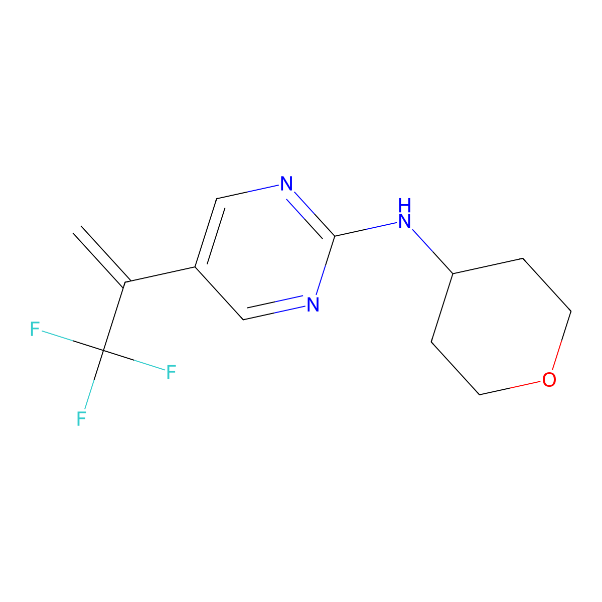 N-(oxan-4-yl)-5-(3,3,3-trifluoroprop-1-en-2-yl)pyrimidin-2-amine molecular structure, CAS 2742019-31-2