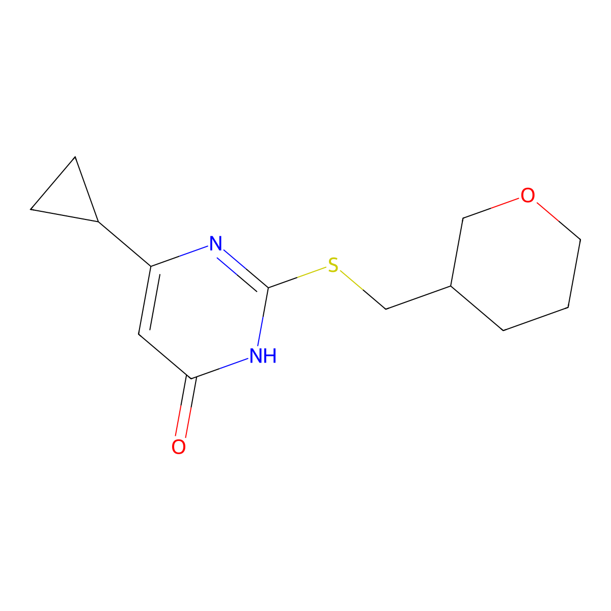 6-Cyclopropyl-2-{[(oxan-3-yl)methyl]sulfanyl}-3,4-dihydropyrimidin-4-one molecular structure, CAS 2742019-39-0