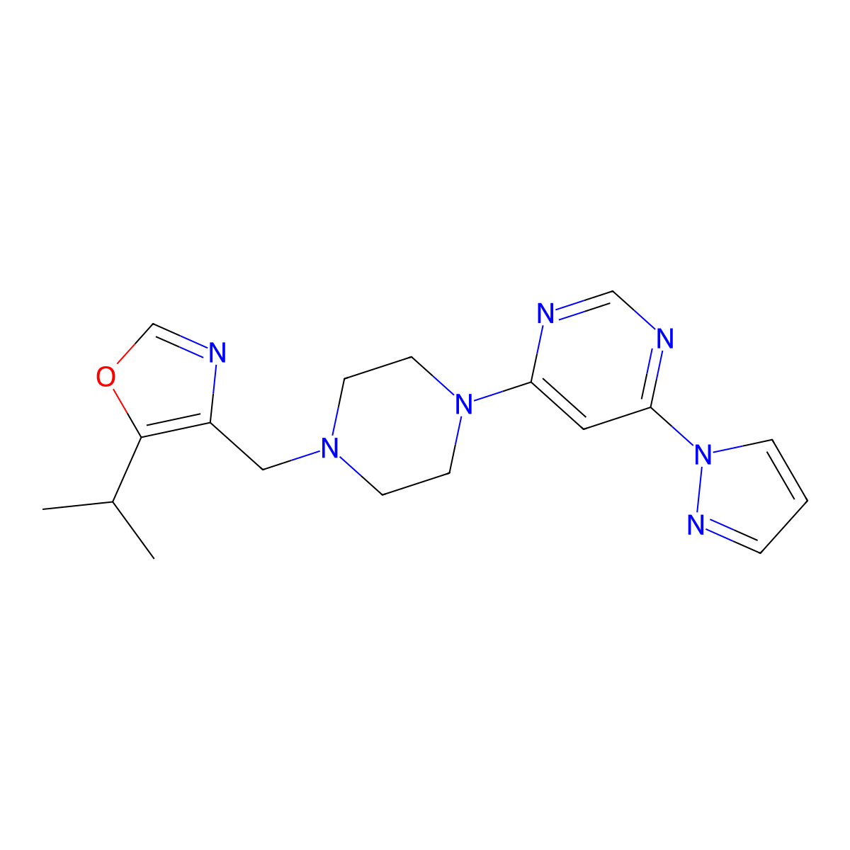 4-(4-{[5-(propan-2-yl)-1,3-oxazol-4-yl]methyl}piperazin-1-yl)-6-(1H-pyrazol-1-yl)pyrimidine molecular structure, CAS 2742019-40-3