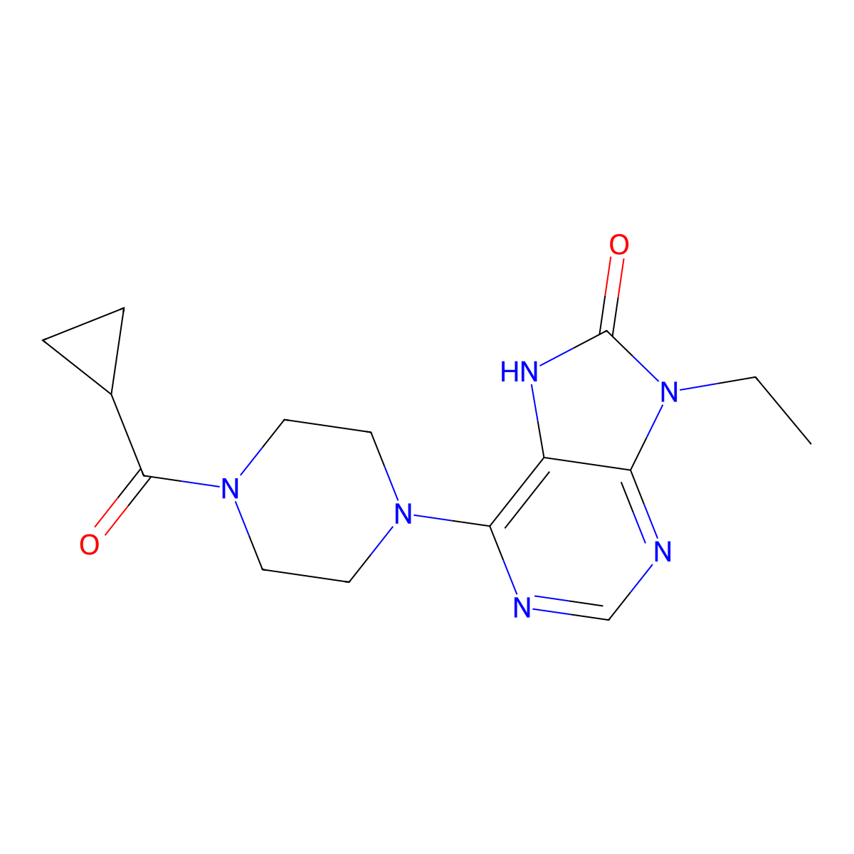 6-(4-cyclopropanecarbonylpiperazin-1-yl)-9-ethyl-8,9-dihydro-7H-purin-8-one molecular structure, CAS 2742019-50-5