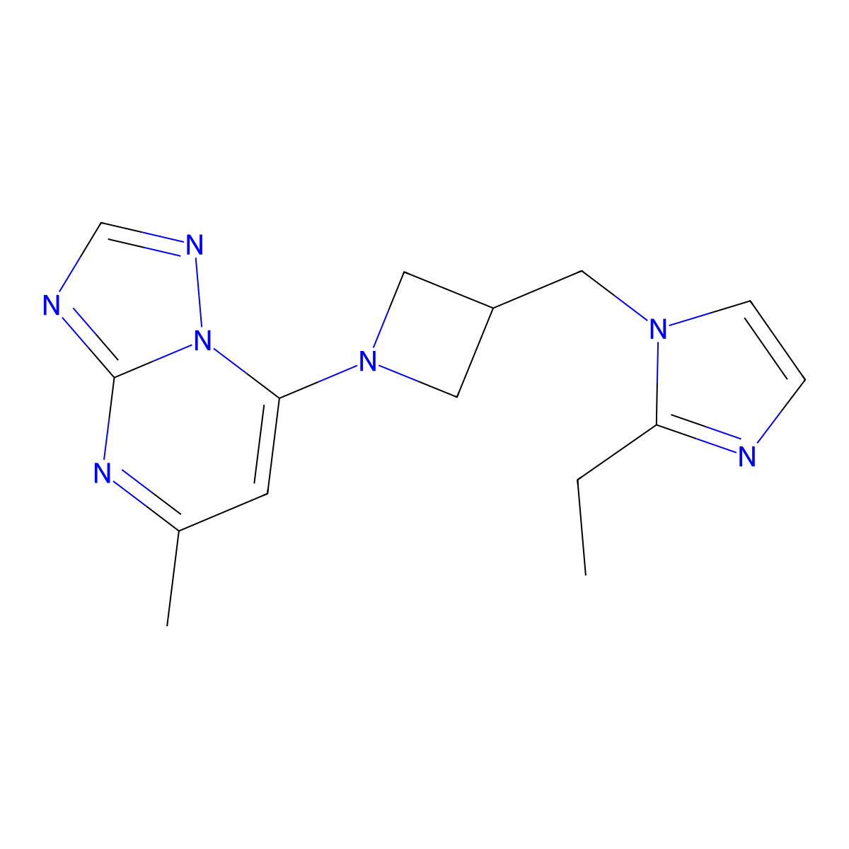 2-ethyl-1-[(1-{5-methyl-[1,2,4]triazolo[1,5-a]pyrimidin-7-yl}azetidin-3-yl)methyl]-1H-imidazole molecular structure, CAS 2742019-52-7