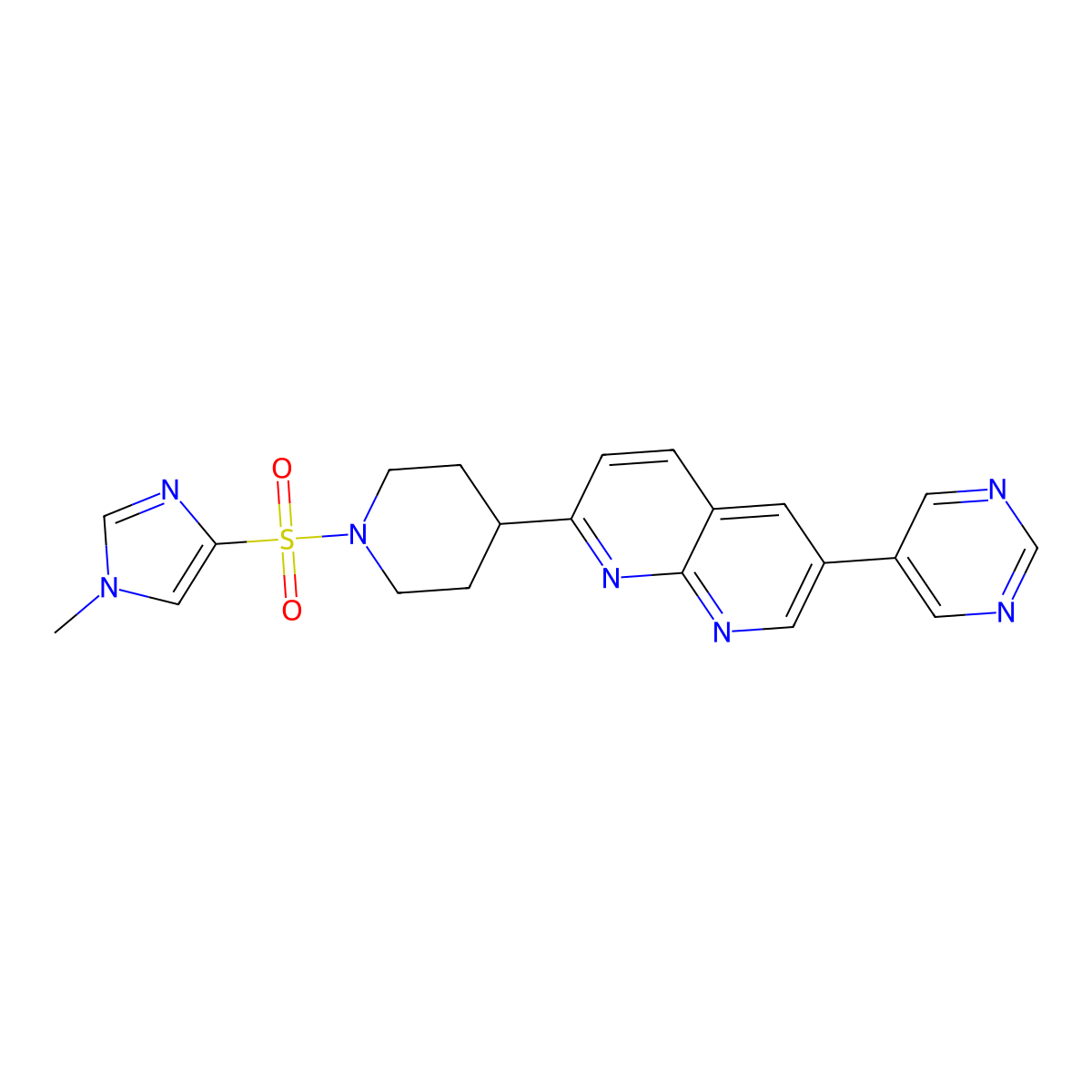 2-{1-[(1-methyl-1H-imidazol-4-yl)sulfonyl]piperidin-4-yl}-6-(pyrimidin-5-yl)-1,8-naphthyridine molecular structure, CAS 2742019-70-9