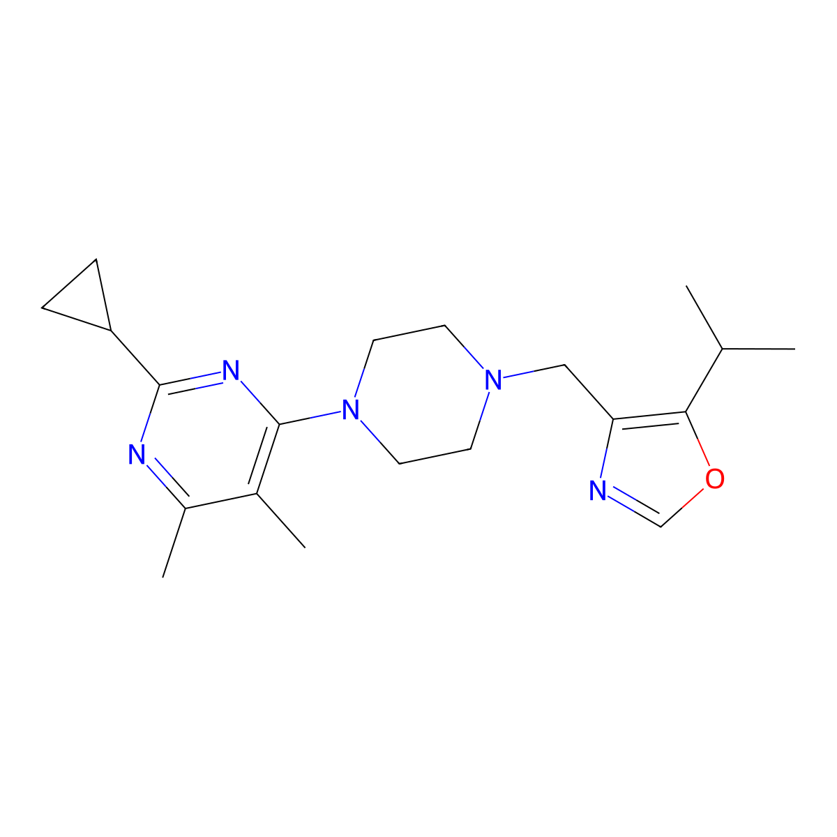 2-Cyclopropyl-4,5-dimethyl-6-(4-{[5-(propan-2-yl)-1,3-oxazol-4-yl]methyl}piperazin-1-yl)pyrimidine molecular structure, CAS 2742019-80-1