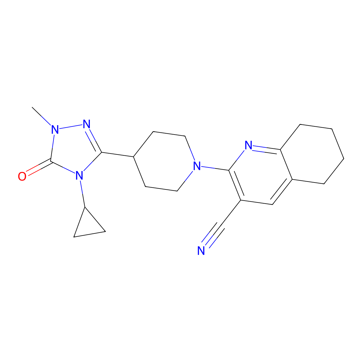 2-[4-(4-cyclopropyl-1-methyl-5-oxo-4,5-dihydro-1H-1,2,4-triazol-3-yl)piperidin-1-yl]-5,6,7,8-tetrahydroquinoline-3-carbonitrile molecular structure, CAS 2742019-85-6