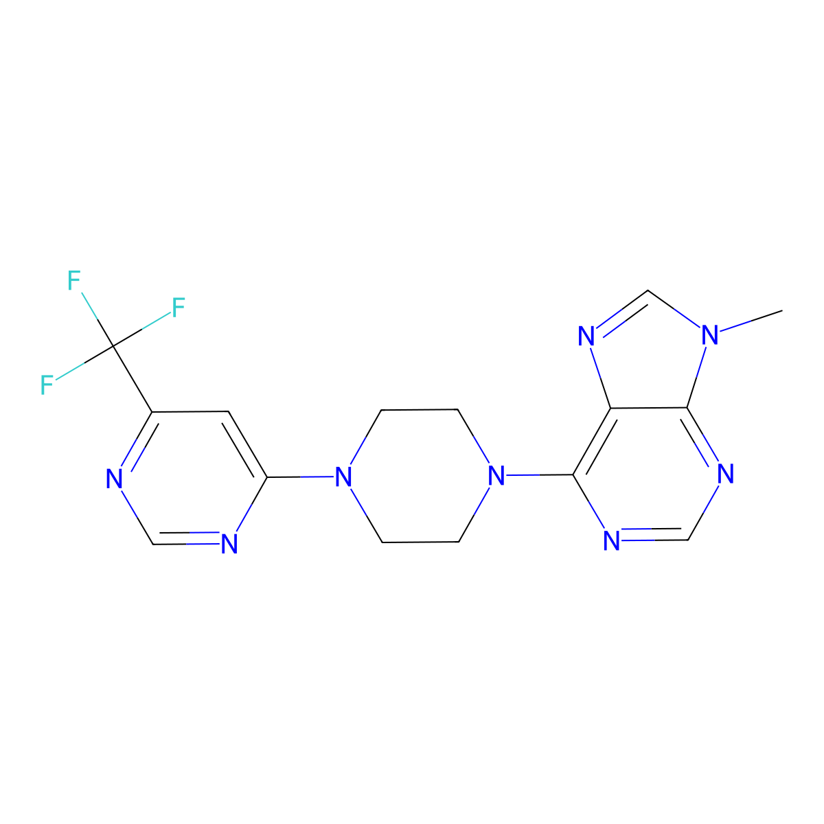 9-methyl-6-{4-[6-(trifluoromethyl)pyrimidin-4-yl]piperazin-1-yl}-9H-purine molecular structure, CAS 2742019-98-1